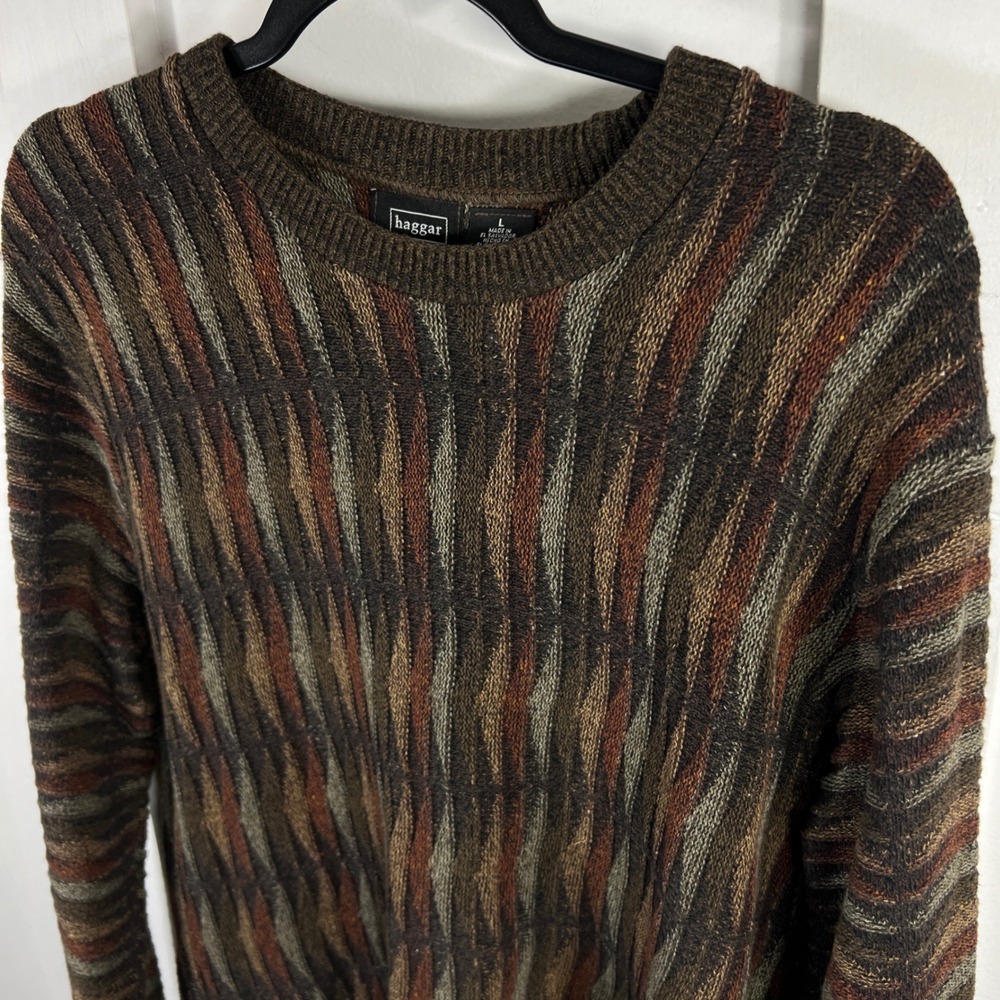 Haggar Mens Large Brown Textured Knit Crewneck Sweater Earth Tone Vertical Wave